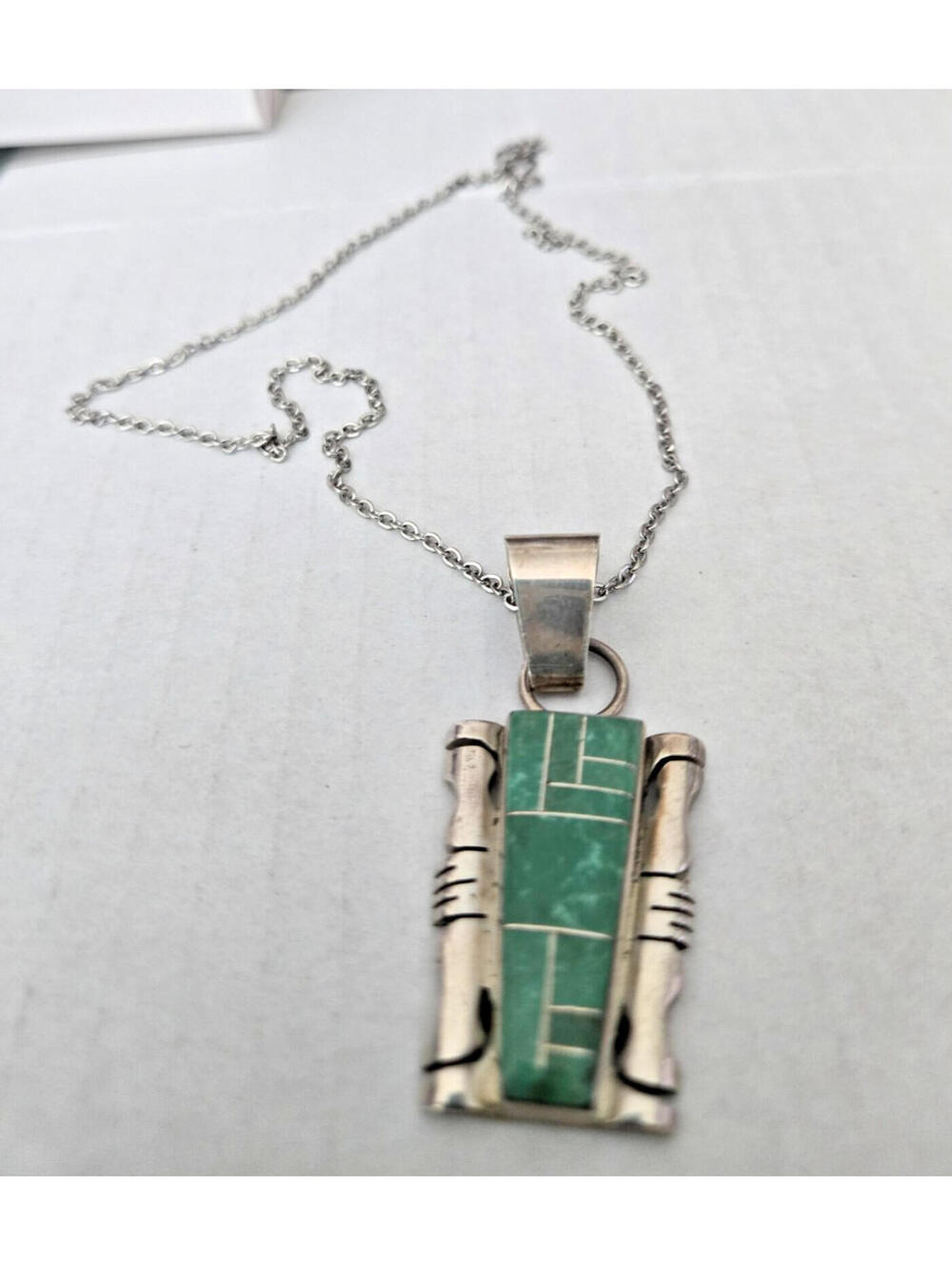 Navajo Handmade Sterling Silver and Green Turquoise Pendant Necklace